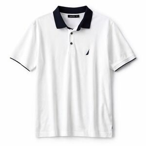 Nautica Mens NWOT White Pique Polo Shirt Navy Blue Collar Short Sleeve Size L
